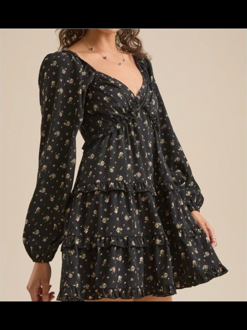 Altar'd State Black Floral Ruffle Tiered Mini Dress
